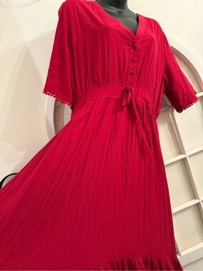 R.Vivimos Red Boho Maxi Dress linen Blend Short Sleeve Tiered XL 16/18 boho